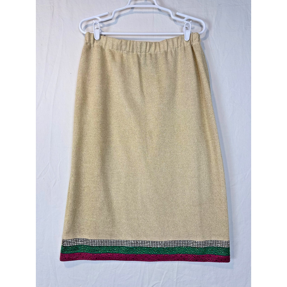 Donna Vinci Knits Skirt Women Sz 14 Metallic Gold Shimmer Elastic Waist Rhinesto